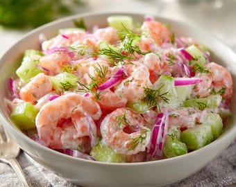 Ricetta dell'insalata di gamberi: piatto cremoso di frutti di mare al limone e aneto (download digitale)