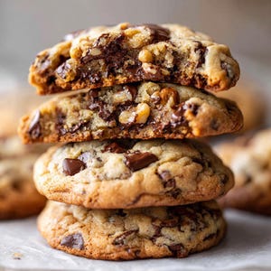 May include: A stack of four freshly baked chocolate chip cookies. The cookies are golden brown with visible chocolate chunks and walnuts. One cookie is cut in half, revealing the soft interior. The cookies are on a white surface.