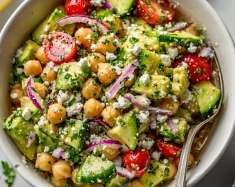 Chickpea Feta Avocado Salad Recipe: Mediterranean Lemon-Olive Oil Dressing (Digital Download)