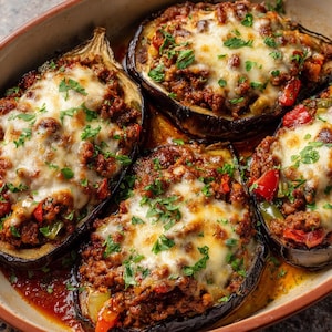 Peut inclure: Gros plan sur quatre moitiés d'aubergines cuites au four, garnies d'un mélange savoureux de viande et de légumes, recouvertes de fromage fondu et de persil frais. Le plat est servi dans un plat à four en céramique marron.