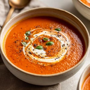 May include: A bowl of vibrant orange tomato soup, swirled with cream and garnished with fresh basil leaves and black pepper. The soup is served in a beige ceramic bowl, offering a comforting and appetizing meal.