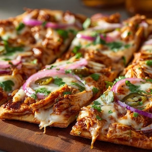 May include: Close-up of several slices of pizza on a wooden cutting board. The pizza features a base of melted cheese, pulled chicken, red onion, jalapeños, and cilantro. The crust is golden brown, and the toppings are vibrant.