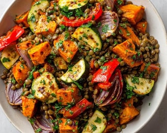 Roasted Veggie Lentil Salad Recipe: Sweet Potato, Zucchini (Digital Download)
