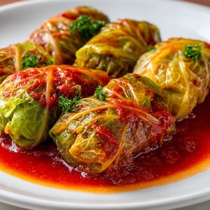 Puede incluir: Primer plano de varios rollos de repollo en un plato blanco. Los rollos están envueltos en hojas de repollo verde y cubiertos con una vibrante salsa de tomate roja. Ramitas de perejil fresco adornan el plato.