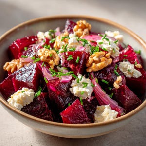 Puede incluir: Una ensalada vibrante en un cuenco beige, con cubos de remolacha rojo intenso, queso blanco cremoso, cebollino picado, rodajas de cebolla roja y nueces enteras. Los ingredientes están dispuestos para crear un plato apetitoso.