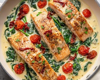Creamy Tuscan Salmon Recipe: Garlic Cream Sauce with Spinach & Sun Dried Tomatoes (Digital Download)