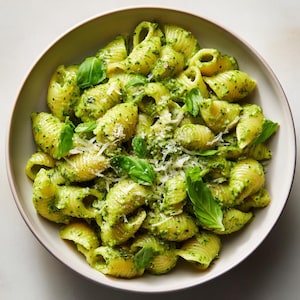 May include: A bowl of conchiglie pasta coated in bright green pesto. Fresh basil leaves and grated cheese are scattered throughout the dish, creating an appetizing meal. The pasta is served in a light-coloured bowl, a simple and elegant presentation.