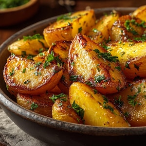 May include: Close-up of a bowl filled with roasted potato wedges. The potatoes are golden brown with crispy edges and sprinkled with fresh green herbs. The bowl is dark and sits on a textured surface, suggesting a rustic meal.