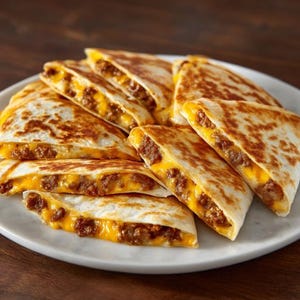 Puede incluir: Un plato de quesadillas recién hechas. Cada quesadilla está cortada en triángulos, revelando un relleno de queso amarillo derretido y carne picada sazonada. Las tortillas son de color marrón dorado con manchas tostadas.