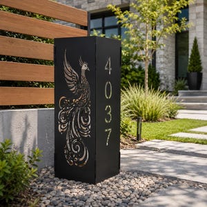 Personalized Metal Address Post with Phoenix Design, Modern House Number Plaque