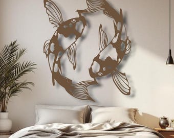 Arte de pared de metal con peces koi, decoración de pared con círculos Yin Yang, arte de metal de inspiración zen japonesa, decoración de pared moderna para el hogar
