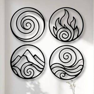 May include: Four black metal wall art pieces depicting the elements: air, fire, earth, and water. Each element is represented within a circular frame. The artwork is mounted on a white wall above a wooden bench in a well-lit hallway.