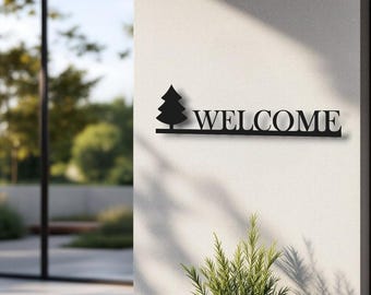 Personalized Pine Tree Metal Wall Art Sign, Custom Text Doorway Decor, Modern Laser Cut Steel Sign for Home Entry, Porch or Cafe