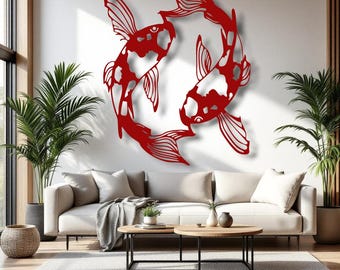 Twin Koi Fish Metal Wall Art, Circular Japanese Wall Decor, Zen Balance Symbol, Minimalist Metal Wall Sculpture