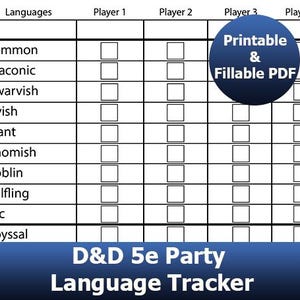 May include: A black and white D&D 5e Party Language Tracker. The chart has rows for languages like Common, Draconic, and Dwarvish, and columns for up to four players. A blue circle says "Printable & Fillable PDF".
