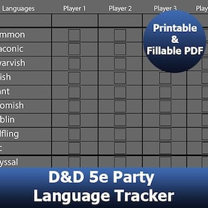 May include: A gray D&D 5e party language tracker with a grid for tracking languages. The tracker includes spaces for four players and lists various languages. A blue circle with the text "Printable & Fillable PDF" is in the center.