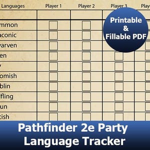 Puede incluir: Un rastreador de idiomas de grupo Pathfinder 2e en PDF imprimible y rellenable. El gráfico tiene columnas para cuatro jugadores y filas para varios idiomas, incluidos Common, Draconic, Dwarven y más. El título "Pathfinder 2e Party Language Tracker" está en la parte inferior.