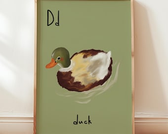 Impresión de pato con la letra D: Arte mural retro con alfabeto para niños, salas de juegos y guarderías (descarga digital)