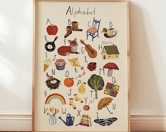 Lámina del alfabeto de cuentos, arte de pared retro y caprichoso para guardería y sala de juegos (descarga digital)