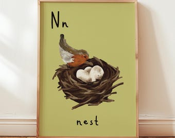 Lámina con la letra N en forma de nido: Arte mural con el alfabeto caprichoso para la habitación de los niños, guardería y sala de juegos (Descarga digital)