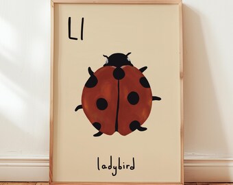 Impresión de mariquita con la letra L: Arte mural con el alfabeto para la habitación de los niños, la guardería y la sala de juegos (descarga digital)