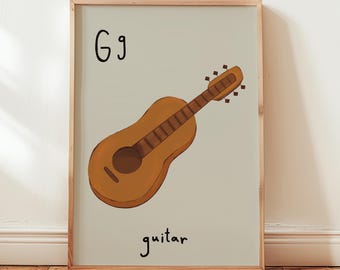 Impresión de guitarra con la letra G: Arte mural retro con el alfabeto para niños, guarderías y salas de juegos (descarga digital)