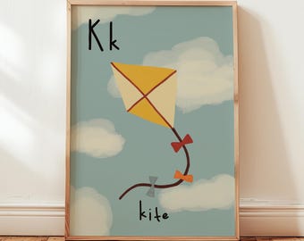 Impresión de cometa con la letra K: Arte mural con el alfabeto para la habitación de los niños, la guardería y la sala de juegos (descarga digital)