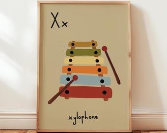 Impresión de la letra X "Xilófono": Arte mural con el alfabeto vintage, decoración retro de cuentos para la habitación de los niños.