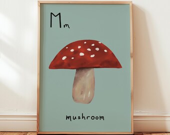 Lámina con la letra M y forma de seta: Arte mural con el alfabeto para la habitación de los niños, guardería y sala de juegos (Descarga digital)