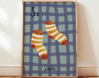 Impresión de la letra S "Calcetines": Arte de pared divertido y original para la habitación de los niños, la guardería y la sala de juegos.