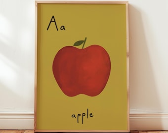 Impresión de la letra A de manzana: Arte mural retro con alfabeto para niños, salas de juegos y guarderías (descarga digital)