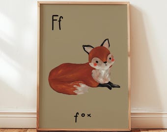 Impresión de zorro con la letra F: Arte mural retro con alfabeto para niños, guarderías y salas de juegos (descarga digital)