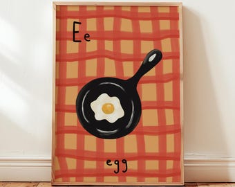 Impresión de huevo con la letra E: Arte mural retro con alfabeto para niños, guarderías y salas de juegos (descarga digital)