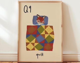 Lámina decorativa con la letra Q estilo "quilt" – Arte de pared acogedor y original para la habitación de los niños, guardería y sala de juegos (Descarga digital)