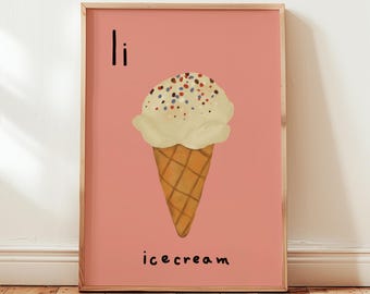 Lámina de helado con la letra I: Arte mural con el alfabeto para habitación de niña, guardería y sala de juegos (descarga digital)