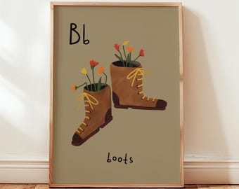 Impresión de botas con la letra B: Arte mural retro con el alfabeto para niños, salas de juegos y guarderías (descarga digital)