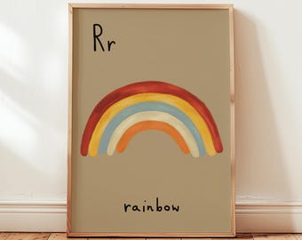 Letra R con estampado de arcoíris: Arte mural con alfabeto caprichoso para la habitación de los niños, guardería y sala de juegos (Descarga digital)