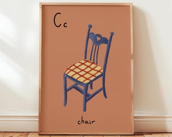 Impresión de silla con la letra C: Arte mural retro con alfabeto para niños, salas de juegos y guarderías (descarga digital)