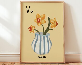 Impresión de la letra V "Jarrón": Arte mural con el alfabeto vintage, decoración retro de cuentos para habitaciones infantiles y guarderías.