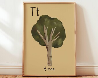 Impresión de la letra T "Árbol": Arte mural con el alfabeto para habitaciones infantiles, guarderías y salas de juegos.