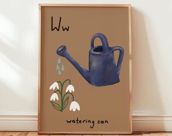 Impresión de la letra W "Regadera": Arte mural con el alfabeto vintage y caprichoso, decoración retro de cuentos para la habitación infantil y la guardería.