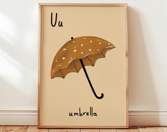 Impresión de la letra U "Paraguas": Arte de pared retro y caprichoso para habitaciones infantiles, guarderías y salas de juegos