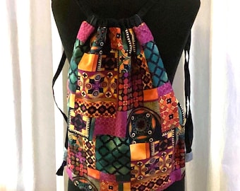 Handmade Drawstring Boho Print All Cotton Backpack