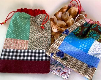 Set of 3 Mini Drawstring Pouches Cotton Patchwork Kantha Stitch OOAK