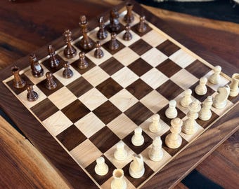 Personalized, solid hardwood hand made Walnut and Maple Reversible Chess Board / Chess Set