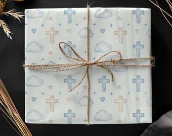 Blue Baptism Gift Wrap with Crosses
