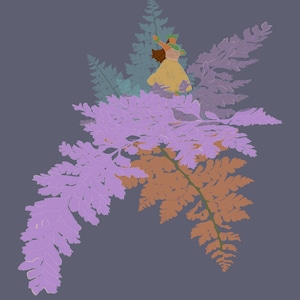May include: An illustration of a person in a yellow dress and green scarf dancing on top of a cluster of ferns. The ferns are various colours, including purple and orange, against a dark grey background. The artwork is signed in the bottom right corner.