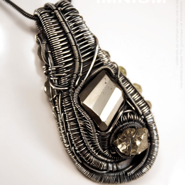 Dark gold pendant - pyrite, green tourmaline, tourmalinated quartz, 925 999 silver OOAK biomechanical heady wire wrap