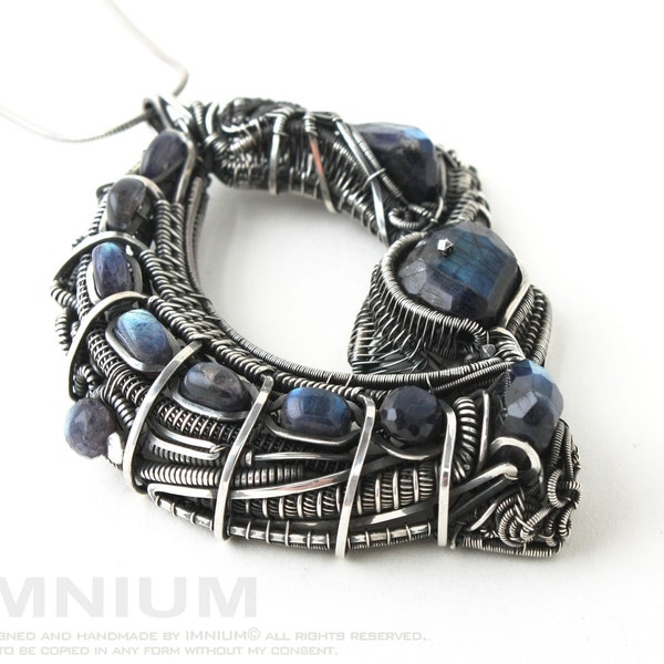 Quantum leap - biomechanical, industrial, wire wrapped statement pendant - sterling and fine silver, labradorite - FREE shipping