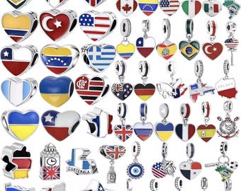 World Flag Silver Charm, European Bracelet Dangle Bead